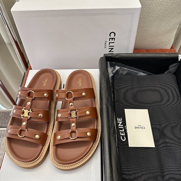 Celine Brown Leather Slippers with Gold Accents - Picture 1 of 9